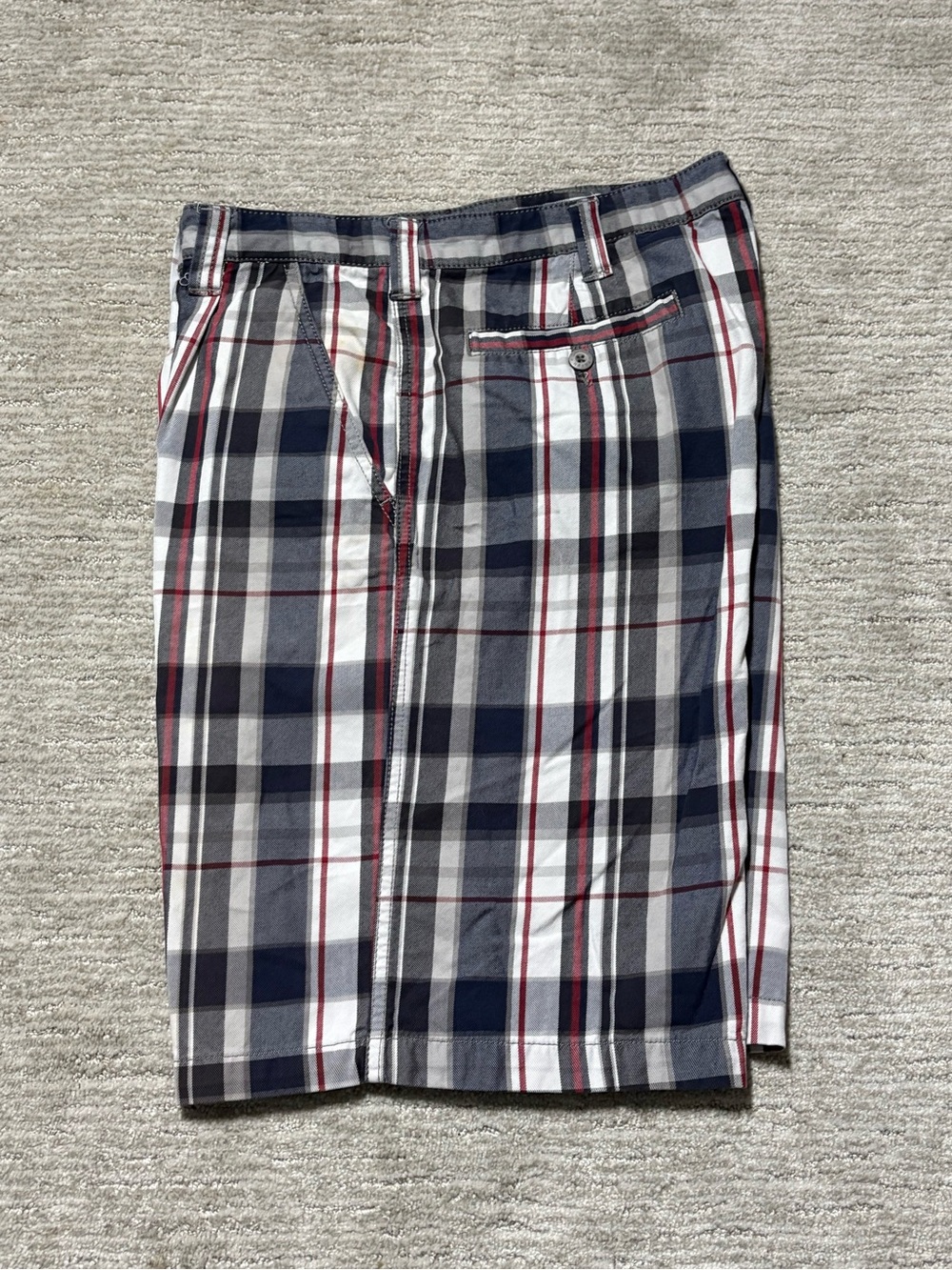 Denver Hayes Men's Plaid Flat Front Shorts - Navy, White & Red